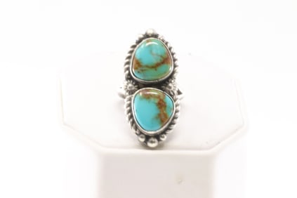 Native America Navajo Sterling Silver Turquoise Ring 2 Stone By Robert Shakey.