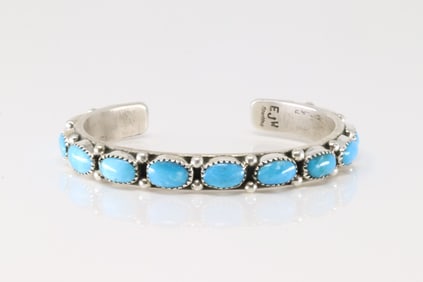 Native America Navajo Sterling Silver Kingman Turquoise Bracelet Cuff By E.J.W.