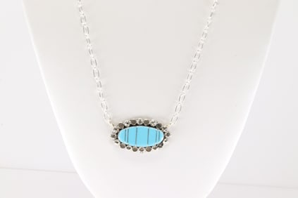 Native America Navajo Sterling Silver Turquoise Inlay Necklace By Gregg Yazzie.