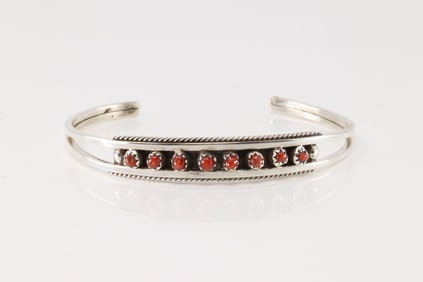 Native America Zuni Sterling Silver Coral Bracelet Cuff By Susie Livingston.