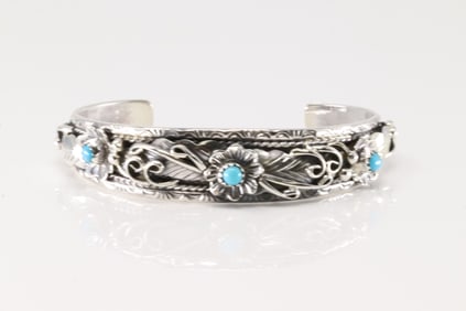 Native America Navajo Sterling Silver Turquoise Bracelet Floral Cuff By B.J.