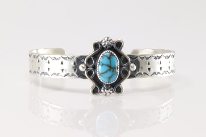 Native America Navajo Sterling Silver Kingman Turquoise Bracelet Cuff By R.M.