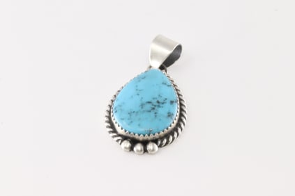 Native America Navajo Sterling Silver Kingman Turquoise Pendant By Freida Martinez.
