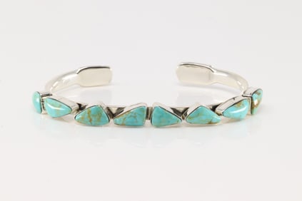 Native America Navajo Sterling Silver Turquoise Bracelet Cuff By Sadie Jim.