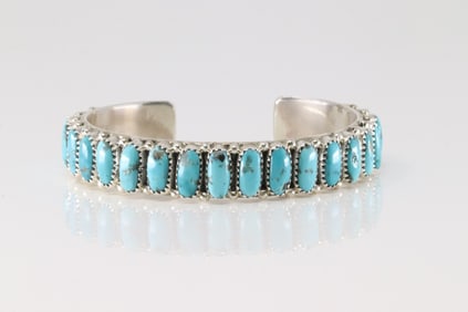 Native America Navajo Sterling Silver Kingman Turquoise Bracelet Cuff By Juspert Wilson.