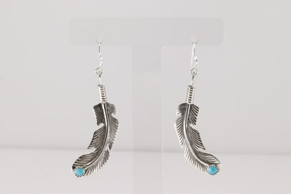 Native American Navajo Sterling Silver Turquoise Feather Dangling Earring s By Louise Joe.