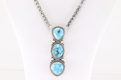 Native America Navajo Sterling Silver Kingman Turquoise Necklace By Tom Lewis.
