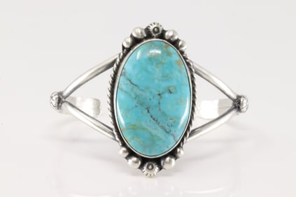 Native America Navajo Sterling Silver Kingman Turquoise Bracelet Cuff By Augustine Largo.