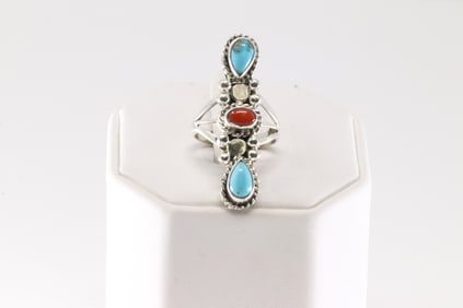 Native America Navajo Sterling Silver Coral & Turquoise Ring By Andrew Vandever.