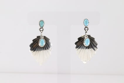 Native America Navajo Sterling Silver Turquoise Post / Dangling Leaf Earring's By Genevieve