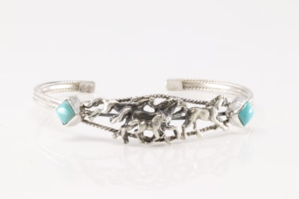 Native American Navajo Sterling Silver Turquoise Horses Bracelet Cuff By Bobby Platero.
