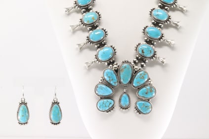 Native American Navajo Sterling Silver Kingman Turquoise Squash Blossom Necklace & Earring's Set By