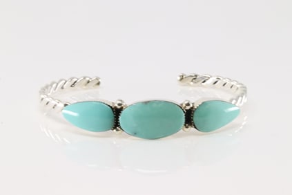Native American Navajo Sterling Silver Turquoise Bracelet Cuff By Sadie Jim.