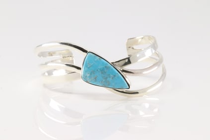 Native American Navajo Sterling Silver Turquoise Bracelet Cuff By Charlene Yazzie.