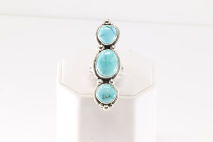 Native America Navajo Sterling Silver Turquoise Ring 3 Stone By S.