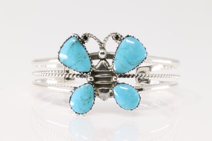Native American Navajo Sterling Silver Turquoise Butterfly Bracelet Cuff By Gregg Yazzie.