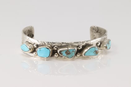 Native American Zuni Sterling Silver Kingman Turquoise Bracelet Cuff By Jude Candelaria.