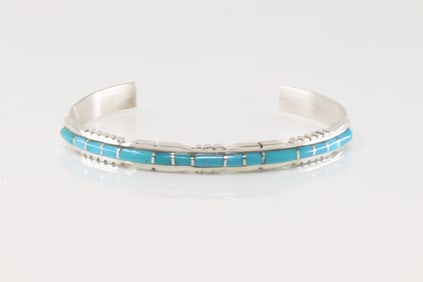 Native America Navajo Sterling Silver Turquoise Inlay Bracelet Cuff By Sheldon Lalio.