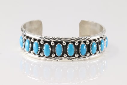 Native America Navajo Sterling Silver Kingman Turquoise Bracelet Cuff By Reed Charley.