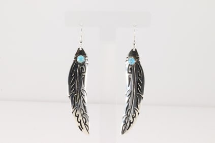Native American Navajo Sterling Silver Turquoise Feather Dangling Earring's By T&R Singer.
