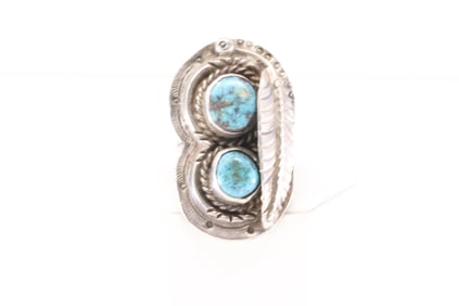 Native America Navajo Sterling Silver Turquoise Feather Cuff Ring.