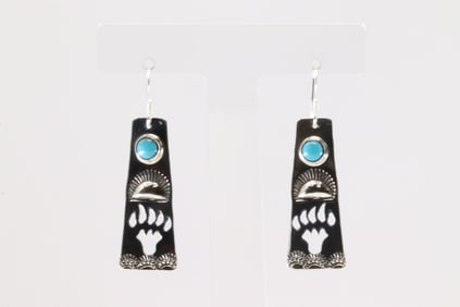 Native America Navajo Sterling Silver Turquoise Bear Paw Dangling Earring's By Jeff James Jr.