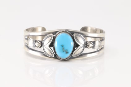 Native America Navajo Sterling Silver Kingman Turquoise Bracelet Cuff By Henry Morgan.