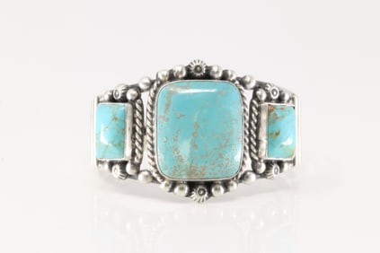 Native America Navajo Sterling Silver Kingman Turquoise Bracelet Cuff By Augustine Largo.