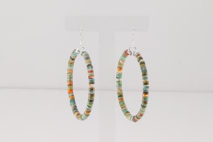 Native American Navajo Sterling Silver Multi-Color Stone Hoop Dangling Earring's.