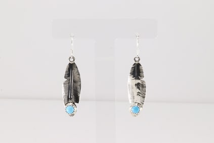Native American Navajo Sterling Silver Turquoise Feather Dangling Earring's By Genevieve Francisco.