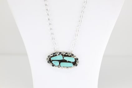 Native America Navajo Sterling Silver Turquoise Necklace By Sadie Jim.