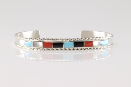 Native America Zuni Sterling Silver Multi-Color Stone Inlay Bracelet By Jessica Chavez.