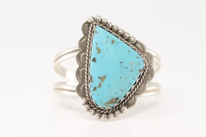 Native America Navajo Sterling Silver Kingman Turquoise Bracelet Cuff By D.H.