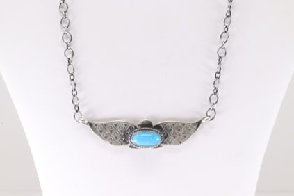 Native America Navajo Sterling Silver Turquoise Bird Necklace By Mary Ann Spencer.