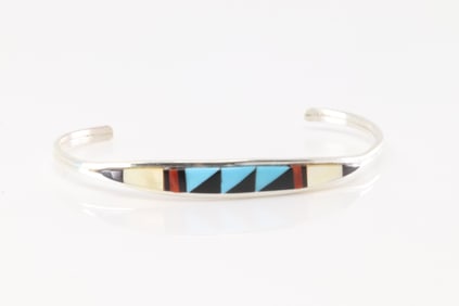 Native America Zuni Sterling Silver Multi-Color Stone Inlay Bracelet By Cena.