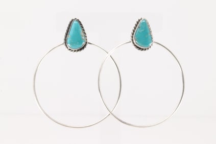 Native America Navajo Sterling Silver Kingman Turquoise Hoop Post Earring's By Elouise Kee.