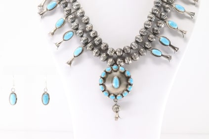 Native America Navajo Sterling Silver Kingman Turquoise Squash Blossom Necklace & Earring's Set By