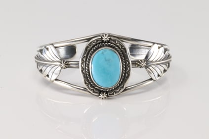 Native American Navajo Sterling Silver Kingman Turquoise Bracelet Cuff By Allanna Yellow.
