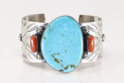 Native America Navajo Sterling Silver Coral & Kingman Turquoise Bracelet Cuff By Chimney Butte.