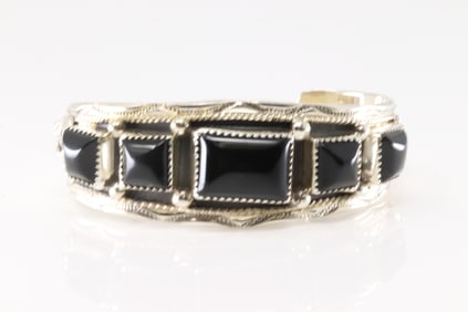 Native America Navajo Sterling Silver Black Onyx Bracelet Cuff By Darrell Morgan.