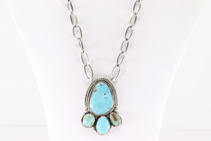 Native America Navajo Sterling Silver Kingman Turquoise Necklace By Elouise Kee.