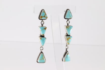 Native America Navajo Sterling Silver Kingman Turquoise Post / Dangling Earring's By Elouise Kee.