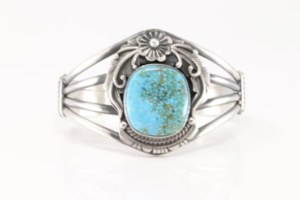Native America Navajo Sterling Silver Kingman Turquoise Bracelet Cuff By Jimmy Lee.