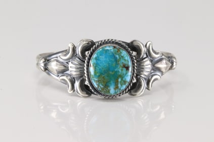 Native America Navajo Sterling Silver Kingman Turquoise Bracelet Cuff By Juanita Long.
