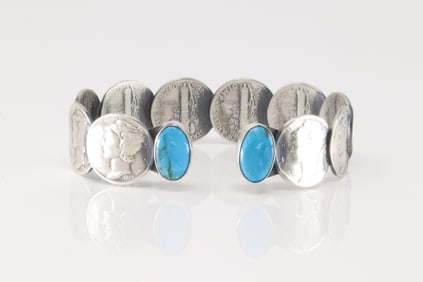 Native America Navajo Sterling Silver Kingman Turquoise Mercury Dime Bracelet Cuff By James McCabe.