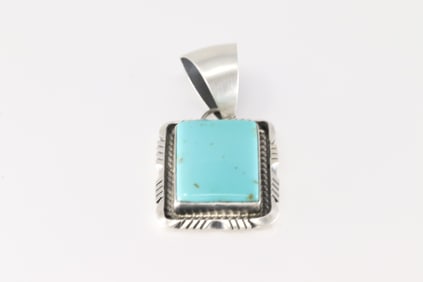 Native America Navajo Sterling Silver Kingman Turquoise Pendant By Alfred Martinez.