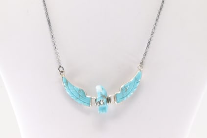 Native America Navajo Sterling Silver Turquoise Eagle Necklace By Ben Livingston.