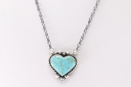 Native America Navajo Sterling Silver Kingman Turquoise Heart Necklace By Donovan Skeets.