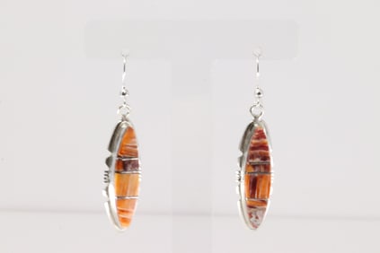 Native America Navajo Sterling Silver Spiny Oyster Inlay Dangling Earring's By Brandon Etcity.