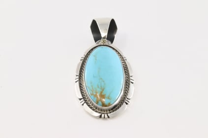 Native American Navajo Sterling Silver Kingman Turquoise Pendant By Alfred Martinez.